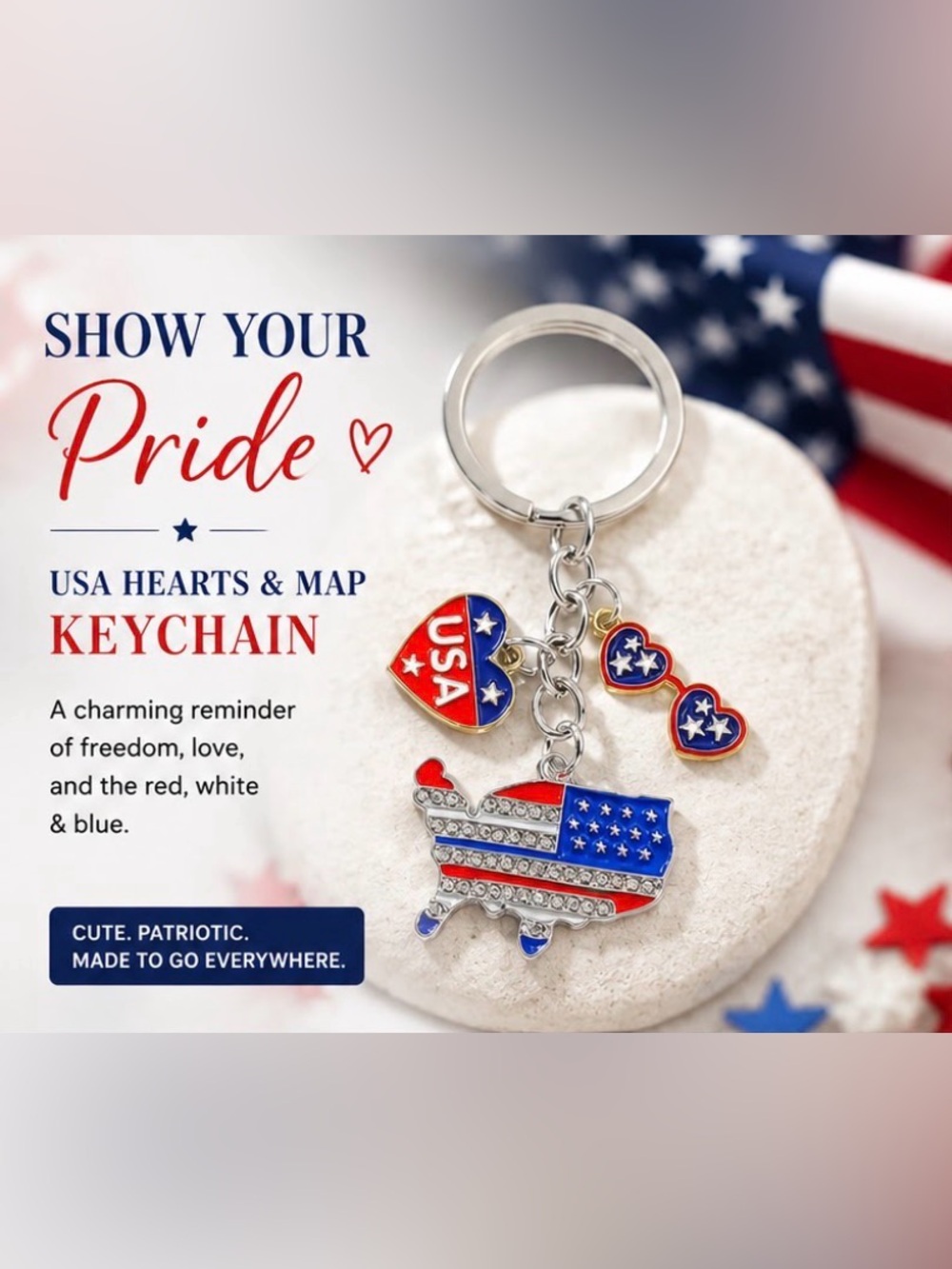 USA Flag Keychain with Heart and sunglasses Charms NWT